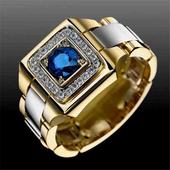 Wholesale Alloy Inlaid Blue Zircon Geometric Ring With Electroplating Treatment
