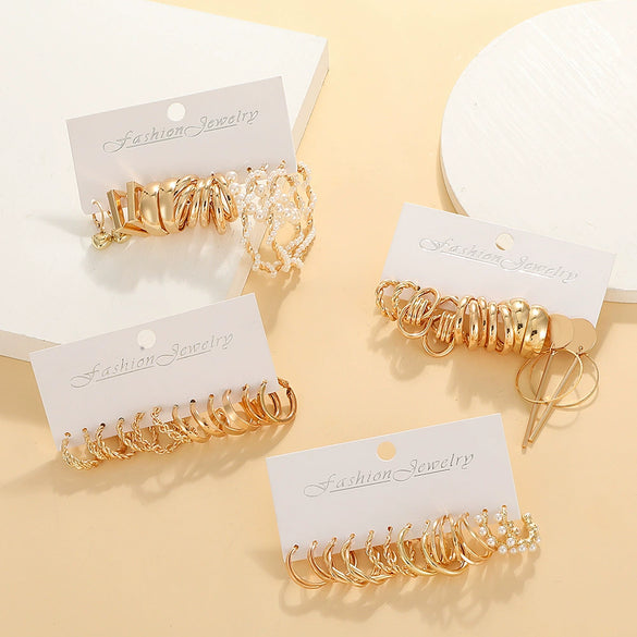 Wholesale Alloy Inlaid Pearl Geometric Women's Earrings Retro French Style Electroplated 6Piece Set