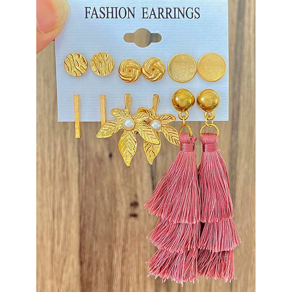 Wholesale Alloy Inlaid Pearl Geometric Women's Earrings Retro French Style Electroplated 6Piece Set
