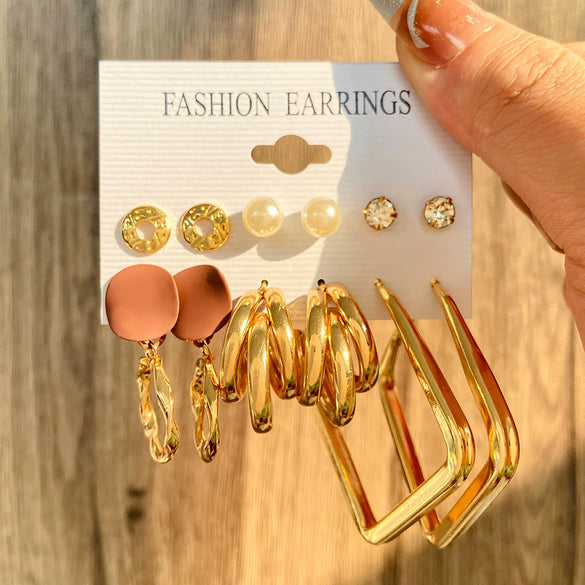 Wholesale Alloy Inlaid Pearl Geometric Women's Earrings Retro French Style Electroplated 6Piece Set