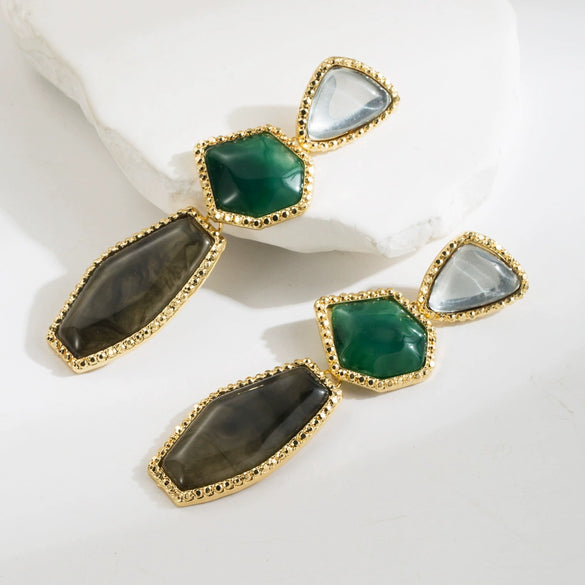 Wholesale Alloy Inlaid Resin Retro Geometric Multilayer Irregular Earrings