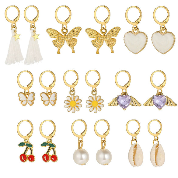 Wholesale Alloy Inlaid Rhinestone Earrings Set With Creative Butterfly Peach Heart And Cherry Pearl Designs
