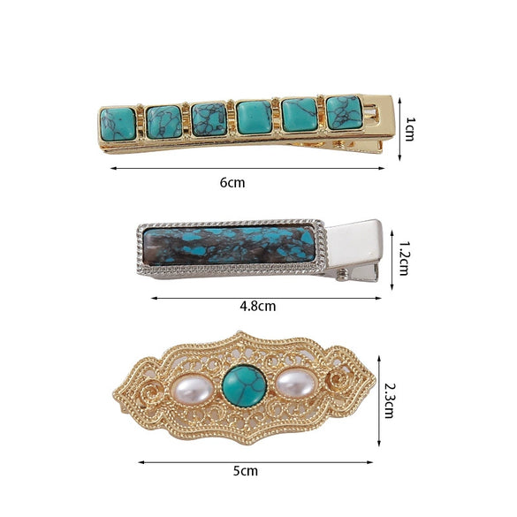 Wholesale Alloy Inlaid Women's Retro Simple Temperament Bangs Clip Hair Accessories Turquoise Bohemian Style