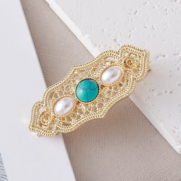 Wholesale Alloy Inlaid Women's Retro Simple Temperament Bangs Clip Hair Accessories Turquoise Bohemian Style