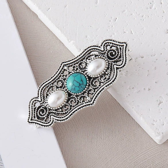 Wholesale Alloy Inlaid Women's Retro Simple Temperament Bangs Clip Hair Accessories Turquoise Bohemian Style