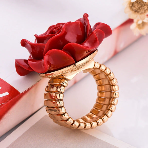 Wholesale Alloy Jewelry Geometric Plant Flowers Style Electroplated Red Rose Ring For Women