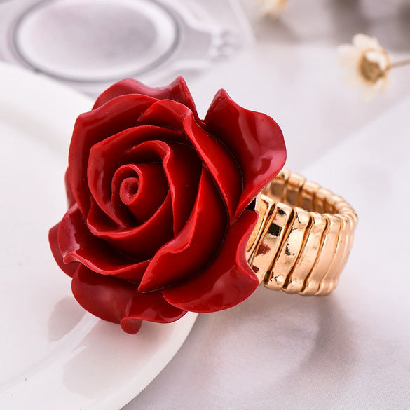 Wholesale Alloy Jewelry Geometric Plant Flowers Style Electroplated Red Rose Ring For Women