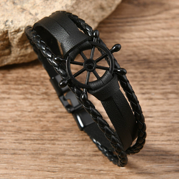 Wholesale Alloy Leather Buckle Handwoven Bracelets Retro Style Rudder Shape For Men And Women