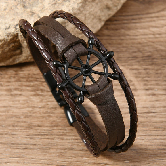 Wholesale Alloy Leather Buckle Handwoven Bracelets Retro Style Rudder Shape For Men And Women