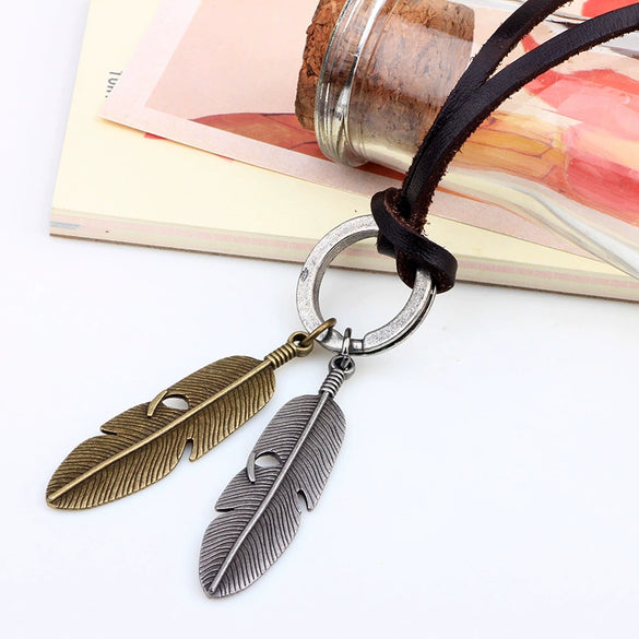 Wholesale Alloy Leather Rope Pendant Necklace With Leaf Pattern For Men Vintage Style Electroplated