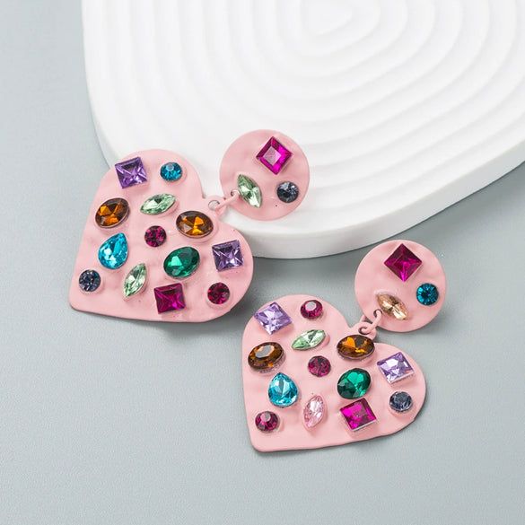 Wholesale Alloy Loveshaped Earrings With Inlaid Color Rhinestone And Diamond Design