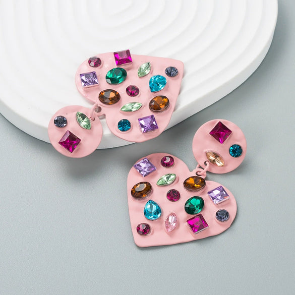 Wholesale Alloy Loveshaped Earrings With Inlaid Color Rhinestone And Diamond Design