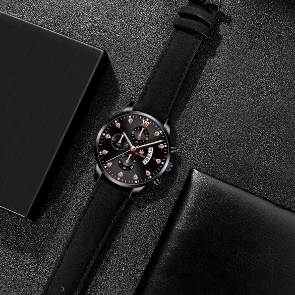 Wholesale Alloy Men's Business Style Round Dial Quartz Belt Watch With Fake Three Eyes And Fanshaped Design