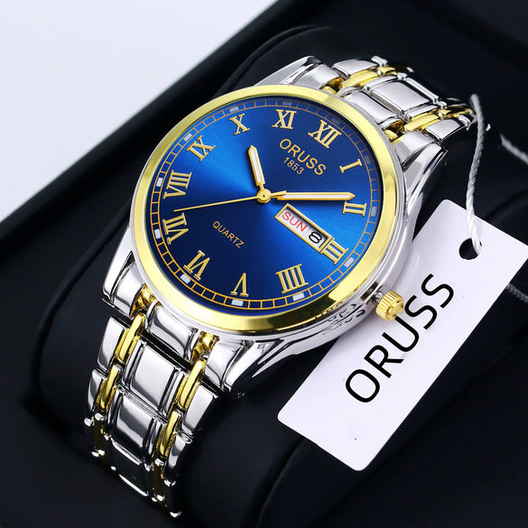Wholesale Alloy Men's Quartz Watch Fashion Allmatch Waterproof Luminous Double Calendar Round Roman Scale