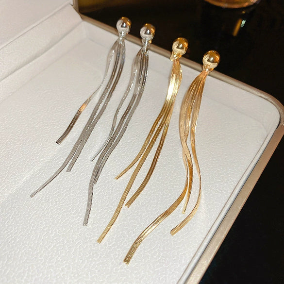 Wholesale Alloy Metallic Geometric Electroplated Two Long Tassel Pin Earrings For Women