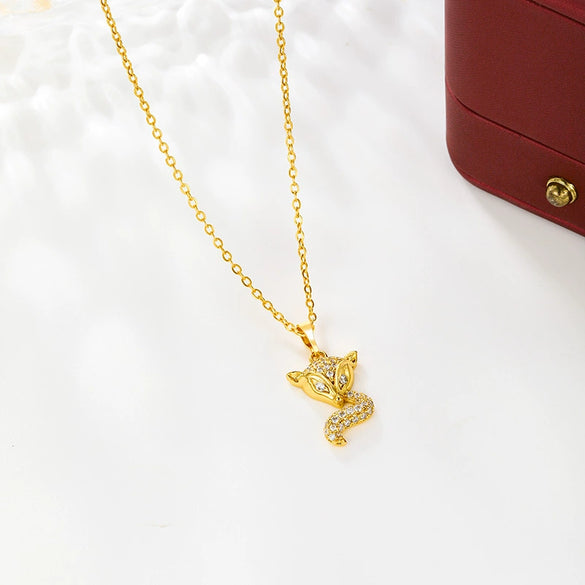 Wholesale Alloy Micropaved Zircon Small Fox Pendant Necklace Plated 24K Gold For Women