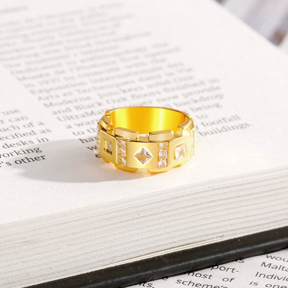 Wholesale Alloy Minimalist Geometric Halfcircle Inlaid Zircon Electroplated Ring