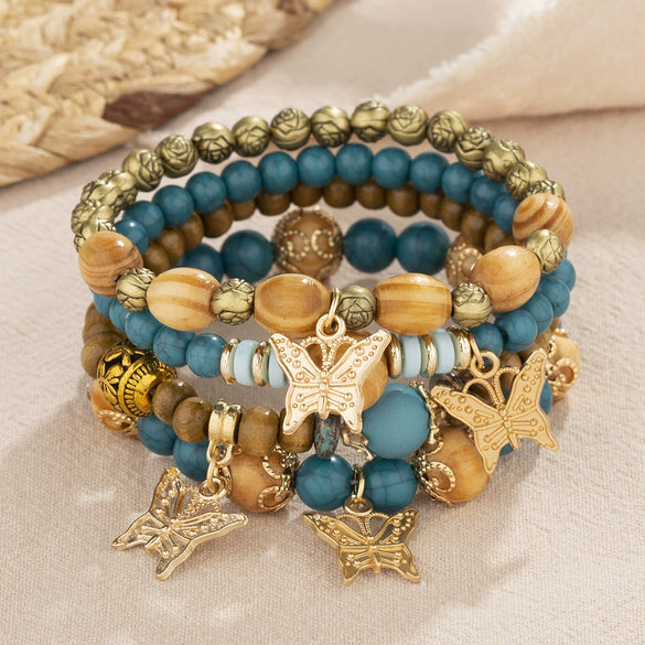 Wholesale Alloy Multilayer Wooden Beaded Bohemian Style Bracelet With Butterfly Pendant And Electroplating Treatment