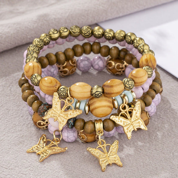 Wholesale Alloy Multilayer Wooden Beaded Bohemian Style Bracelet With Butterfly Pendant And Electroplating Treatment