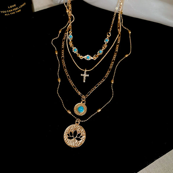Wholesale Alloy Multilayered Geometric Cross Pendant Necklace Set With Diamonds Retro Style For Women