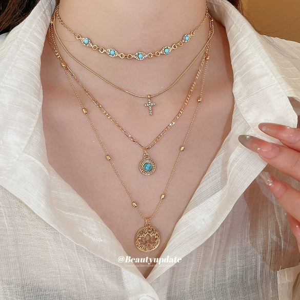 Wholesale Alloy Multilayered Geometric Cross Pendant Necklace Set With Diamonds Retro Style For Women