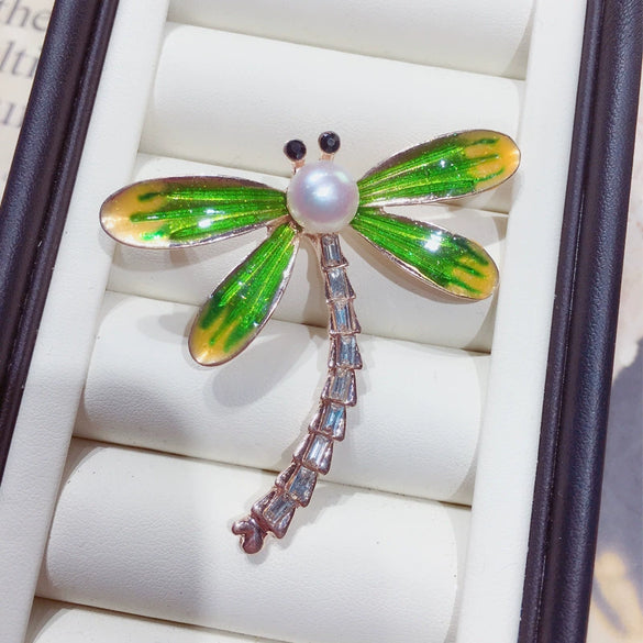 Wholesale Alloy Natural Freshwater Pearl Dragonfly Painted Brooch For Women Fashion Jewelry