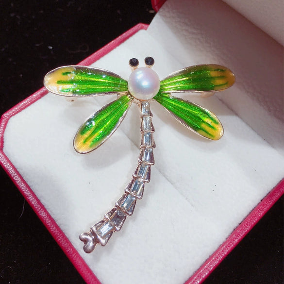 Wholesale Alloy Natural Freshwater Pearl Dragonfly Painted Brooch For Women Fashion Jewelry