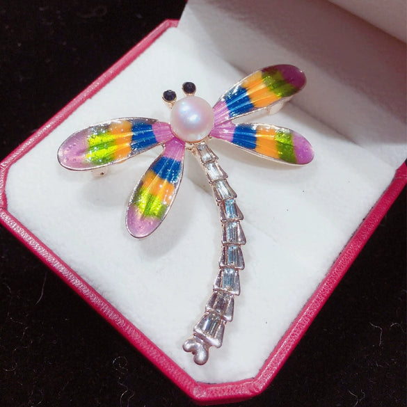 Wholesale Alloy Natural Freshwater Pearl Dragonfly Painted Brooch For Women Fashion Jewelry