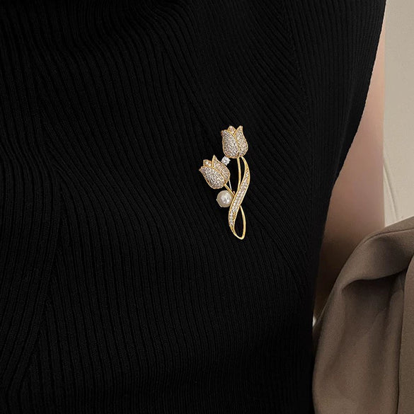 Wholesale Alloy Pearl Full Diamond Tulip Flower Electroplating Women's Brooch