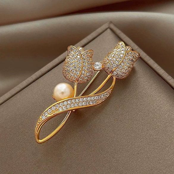 Wholesale Alloy Pearl Full Diamond Tulip Flower Electroplating Women's Brooch