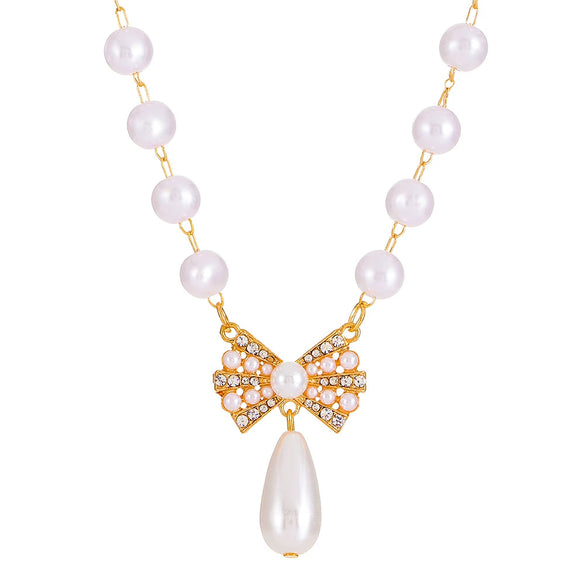 Wholesale Alloy Pearl Necklace With Diamondencrusted Bow Pendant Electroplated Women's Retro Fashion
