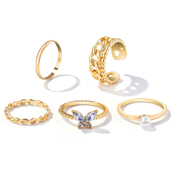 Wholesale Alloy Pearl Rhinestone Butterfly Twist Electroplated Ring Set For Women