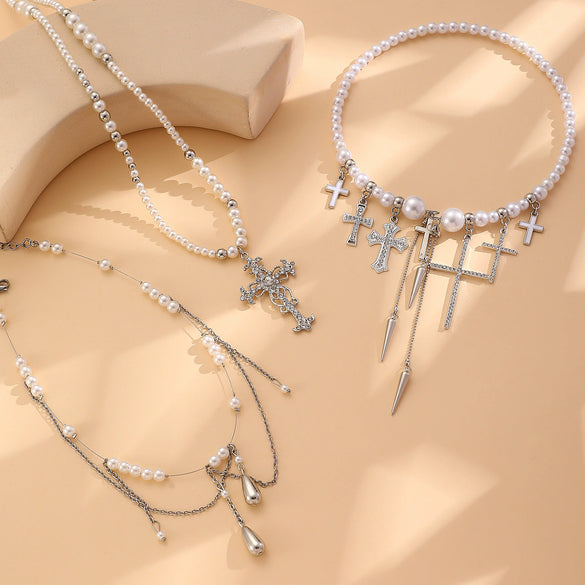 Wholesale Alloy Pearl Tassel Cross Geometric Clavicle Chain Necklace For Women With Electroplating