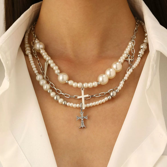 Wholesale Alloy Pearl Tassel Cross Geometric Clavicle Chain Necklace For Women With Electroplating