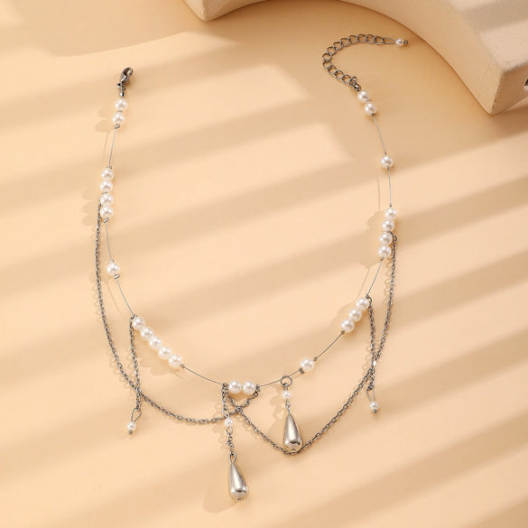 Wholesale Alloy Pearl Tassel Cross Geometric Clavicle Chain Necklace For Women With Electroplating
