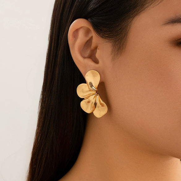 Wholesale Alloy Personality Double Layer Five Petal Flower Leaves Tassel Electroplated Women's Earrings