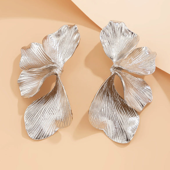 Wholesale Alloy Personality Double Layer Five Petal Flower Leaves Tassel Electroplated Women's Earrings