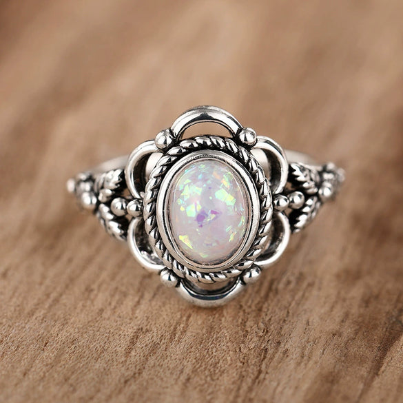 Wholesale Alloy Retro Flower Geometric Women's Imitation Opal Ring With Electroplating