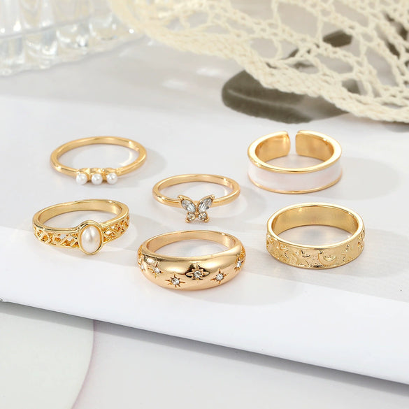 Wholesale Alloy Retro Geometric Animal Style Oil Dripping Butterfly Ring Set With Electroplating For Women