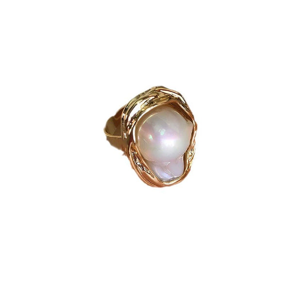 Wholesale Alloy Retro Geometric Asymmetrical Ushaped Pearl Ring For Women With Electroplating Treatment