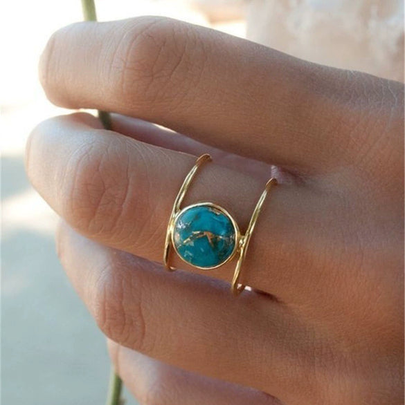 Wholesale Alloy Retro Geometric Turquoise Epoxy Round Engagement Ring For Ladies