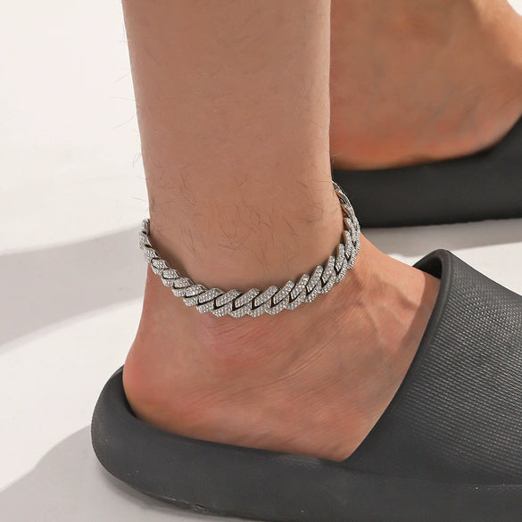 Wholesale Alloy Rhinestone Inlaid Geometric Cuban Chain Men's Hip Hop Anklet