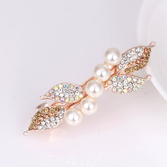Wholesale Alloy Rhinestone Pearl Bow Women's Hairpin With Electroplating And Flower Design