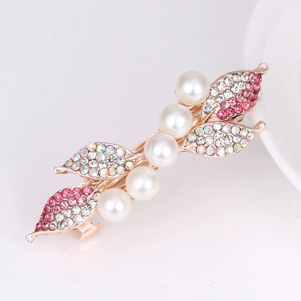 Wholesale Alloy Rhinestone Pearl Bow Women's Hairpin With Electroplating And Flower Design