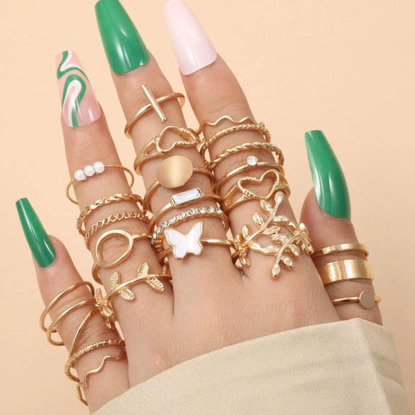 Wholesale Alloy Ring With Golden Butterfly And Geometric Leaves Design Hollow Twist Style Electroplated For Women