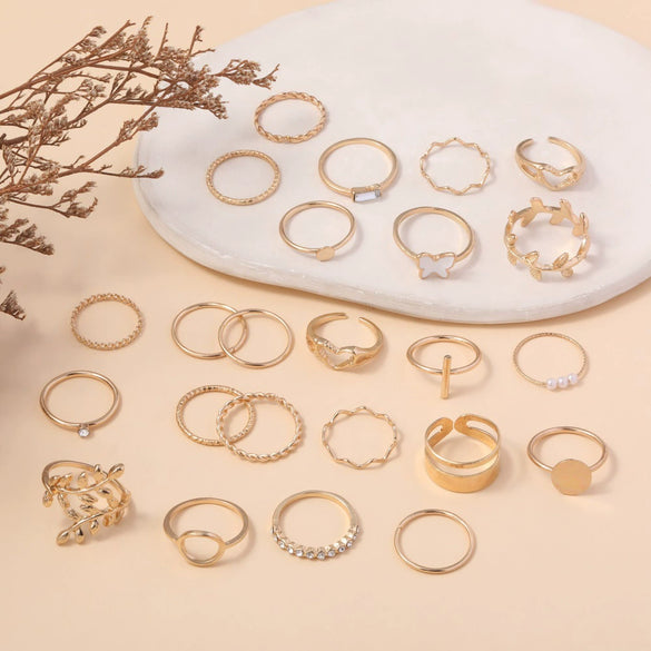 Wholesale Alloy Ring With Golden Butterfly And Geometric Leaves Design Hollow Twist Style Electroplated For Women