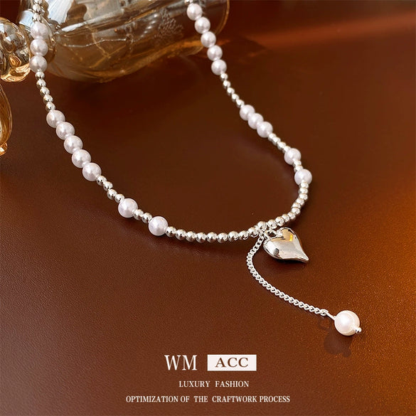 Wholesale Alloy Silver Heart Pearl Clavicle Chain Necklace For Women With Electroplating