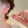 Wholesale Alloy Silver Pink Sweet Flower Ear Studs With Electroplating For Women Mori Cute Joker Design