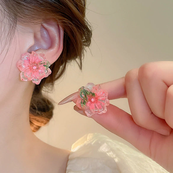 Wholesale Alloy Silver Pink Sweet Flower Ear Studs With Electroplating For Women Mori Cute Joker Design