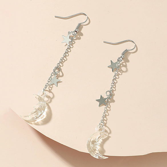 Wholesale Alloy Simple Moon And Star Women's Fashion Long Tassel Earrings With Electroplating